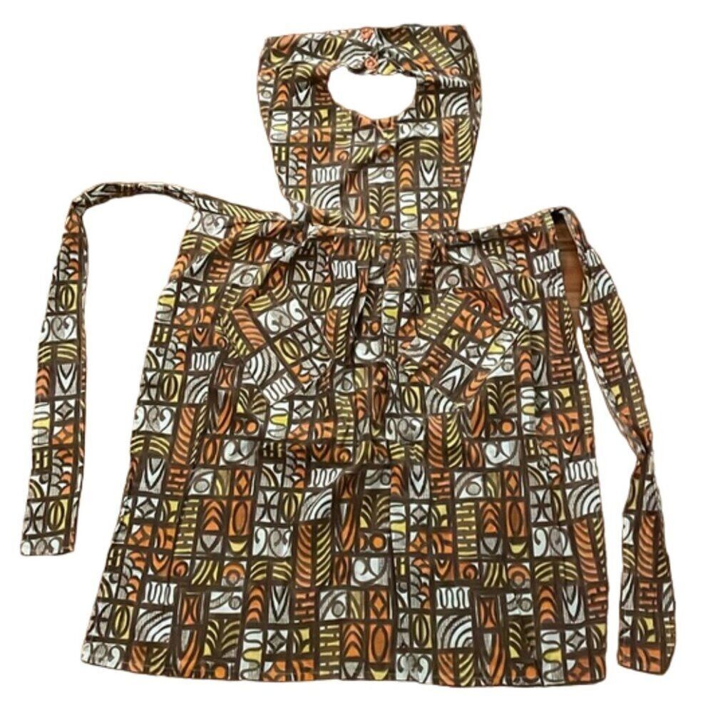 Vintage 1970s Brown Kitchen Bib Apron One Size Pocket Handmade